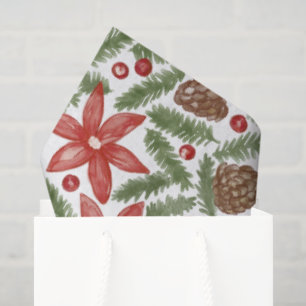 Papel De Seda Padrão de Natal de Pinheiro Poinsettia em Aquarela