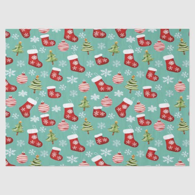 Papel De Seda Padrão De Natal Invisível. Meias, Árvores, Bauble, (Frente )