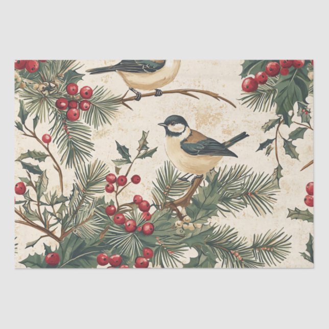 Papel De Seda Padrão de Natal Rustic Bird and Poinsettia (8) (Frente )