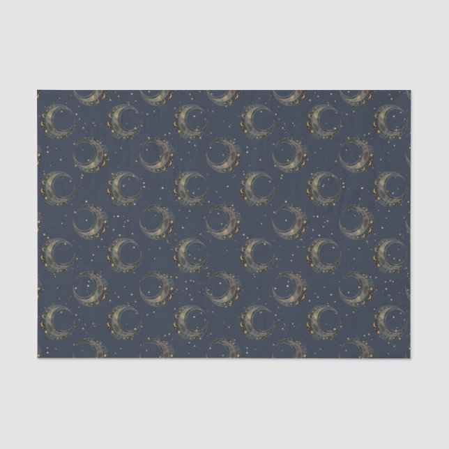 Papel De Seda Padrão de Noite Estrelada com Lua Celestial Dourad (Frente )