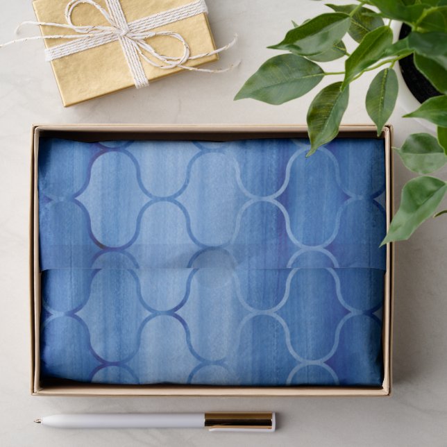 Papel De Seda Padrão de Ogee de Cor da Água Azul Claro a Escuro (Presente)