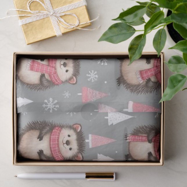 Papel De Seda Padrão de ouriço fofo Rosa Cinza Natal  (Presente)