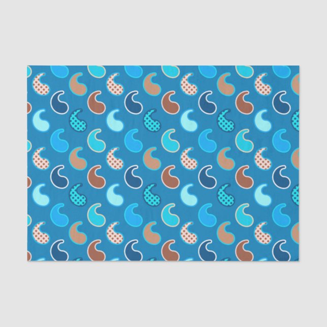 Papel De Seda Padrão de Paisley Moderno, Azul Ceruliano, Tan & A (Frente )