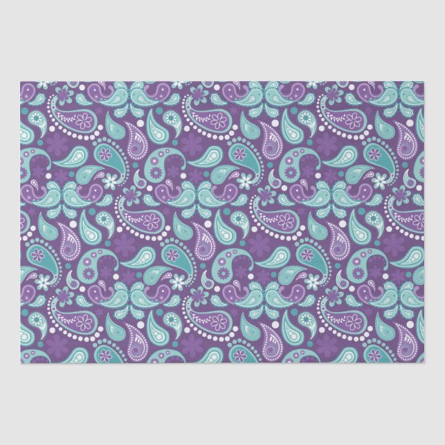 Papel De Seda Padrão de Paisley Roxo e Azul Claro Shabby Chic (Frente )