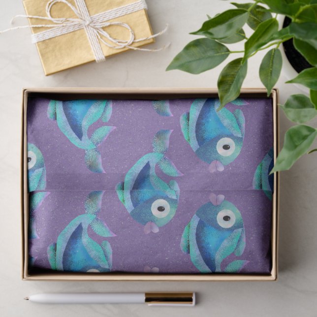 Papel De Seda Padrão de Peixe Azul Costeiro Whimsical (Presente)