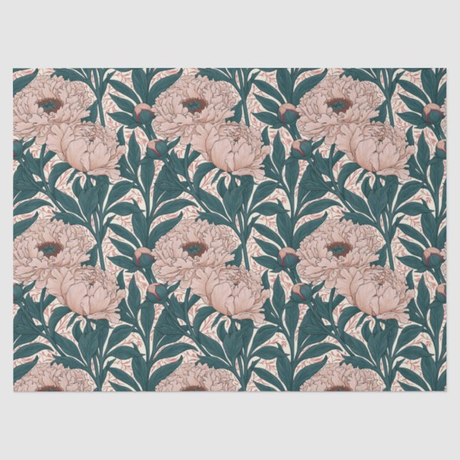 Papel De Seda Padrão de peônias rosa e verde suave (Frente )