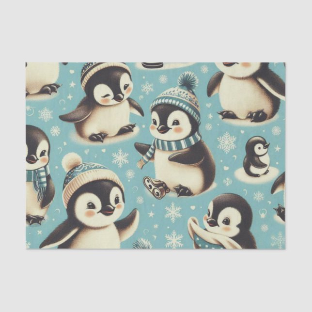 Papel De Seda Padrão de Pinguim Cuto Vintage (Frente )