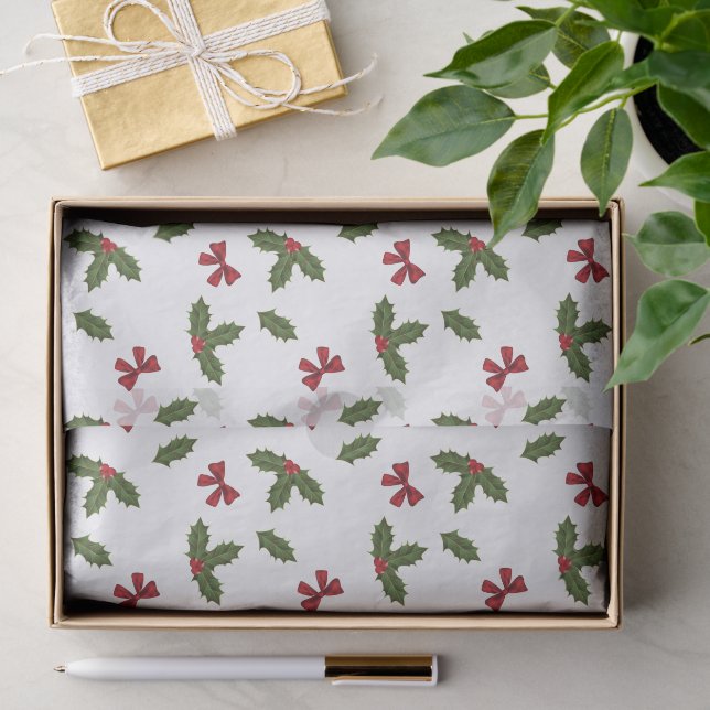 Papel De Seda Padrão de Planta de Azevinho Comum de Natal e Laço (Presente)