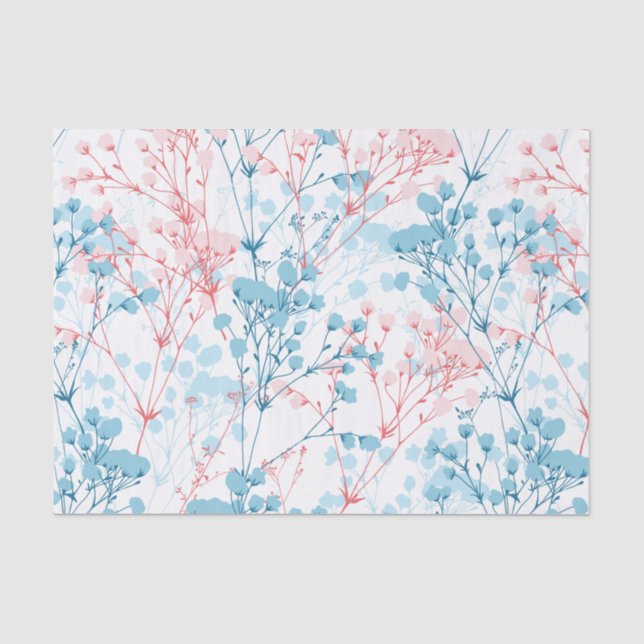 Papel De Seda Padrão de Planta Floral primavera rosa e azul (Frente )