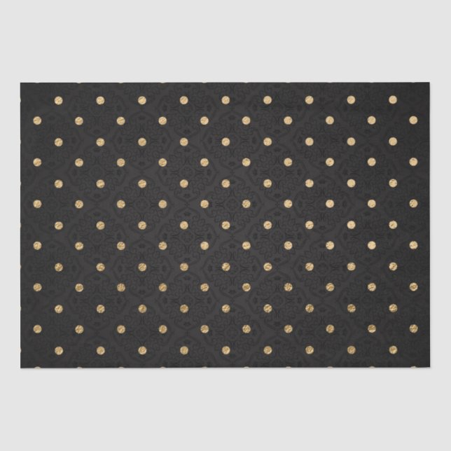 Papel De Seda Padrão de Pontos Elegantes Preto e Dourado em Folh (Frente )
