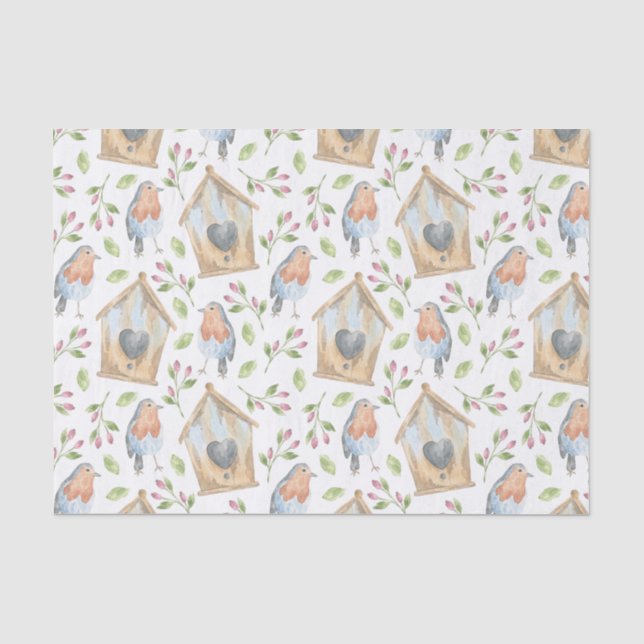 Papel De Seda Padrão de primavera de aquarela da casa de pássaro (Frente )