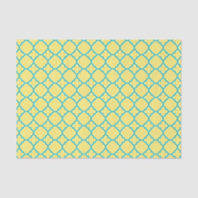Papel De Seda Padrão de Quatrefoil Marocano Amarelo e Teal (Frente )