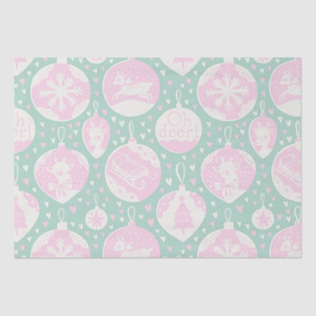 Papel De Seda Padrão de Reindeer Verde Rosa de Natal  (Frente )