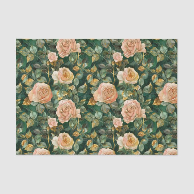 Papel De Seda Padrão de rosa com Folhas Verdes e Realces Dourado (Frente )