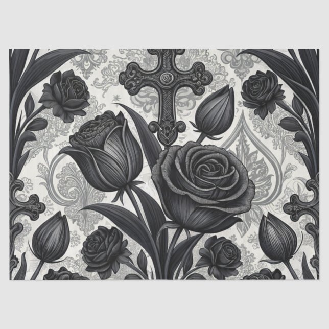 Papel De Seda Padrão de Rosa Gótica Escura (2) (Frente )