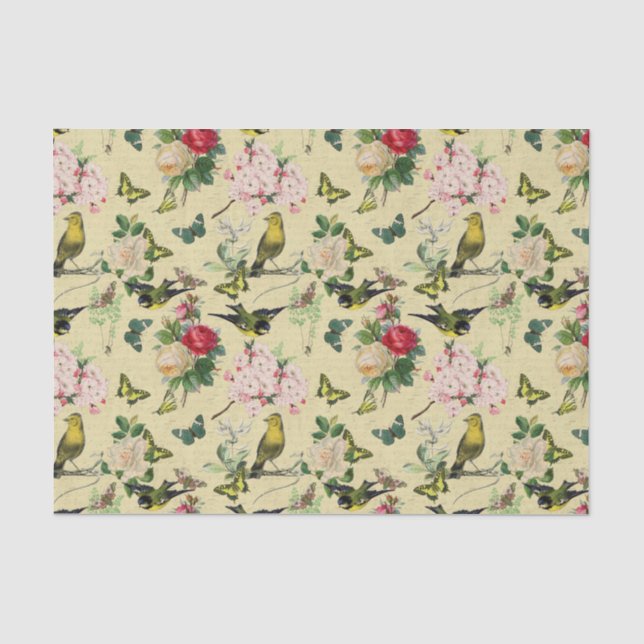 Papel De Seda Padrão de Rosas Borboletas e Pássaros de Efêmeras  (Frente )