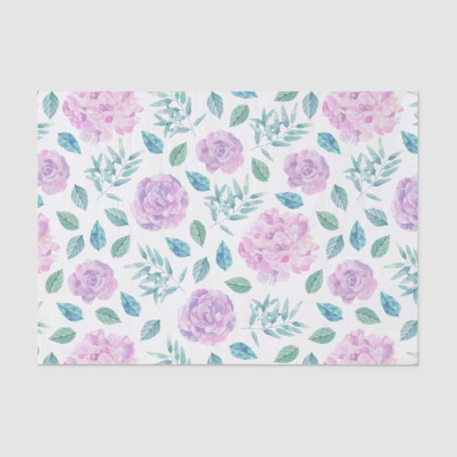 Papel De Seda Padrão de rosas claro e flores roxas (Frente )