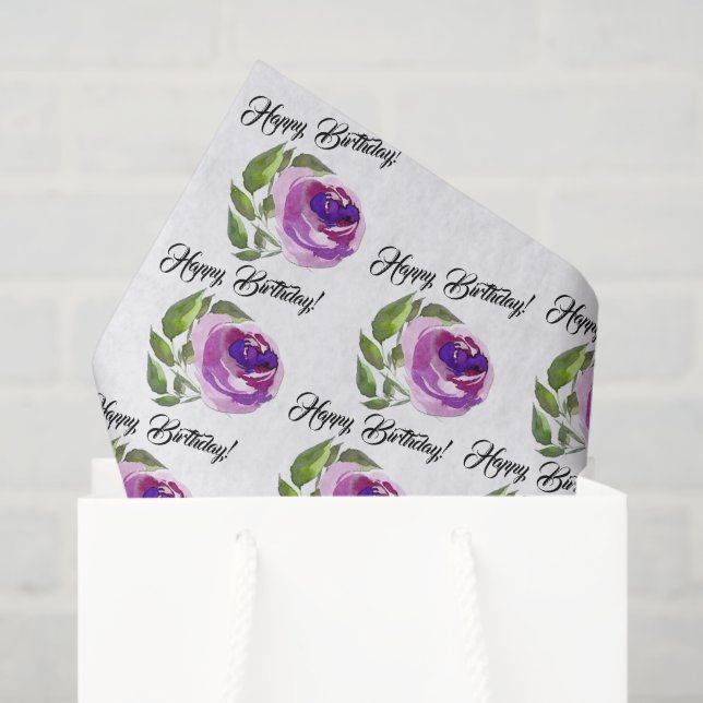 Papel De Seda Padrão de Rosas de Aquarela Floral | Feliz anivers (Sacola de presentes)