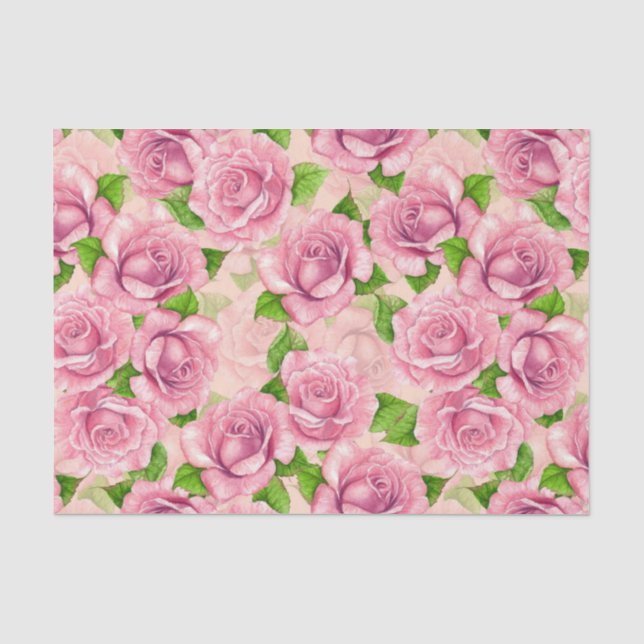 Papel De Seda Padrão de rosas de aquarela rosa (Frente )