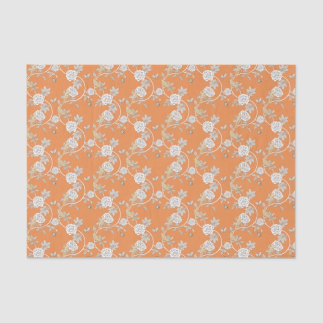 Papel De Seda Padrão de Rosas de Chinoiserie Laranja (Frente )