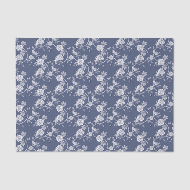 Papel De Seda Padrão de Rosas de Chinoiserie marinho (Frente )