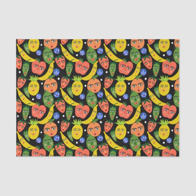 Papel De Seda Padrão de salada de Fruta engraçada Whimsical Blac (Frente )