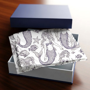 Papel De Seda Padrão de Sereia Azul Vintage e Vida Marinha