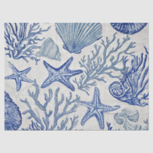 Papel De Seda Padrão de Toile Costeira Azul Coral Conchas