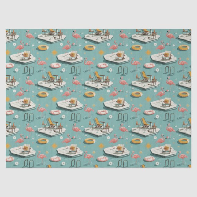 Papel De Seda Padrão de verão à beira da piscina Flamingo Retro  (Frente )