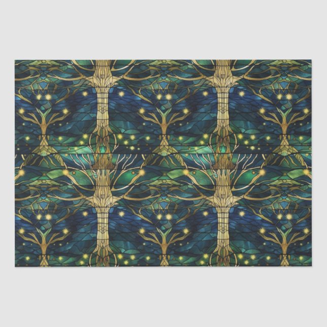Papel De Seda Padrão de Vidro Pintado Falso de Floresta Verde Es (Frente )