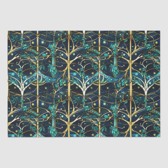 Papel De Seda Padrão de Vidro Pintado Falso Floresta Verde Esmer (Frente )