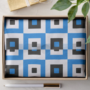 Papel De Seda Padrão de Xadrez Quadrados Azul Preto e Branco