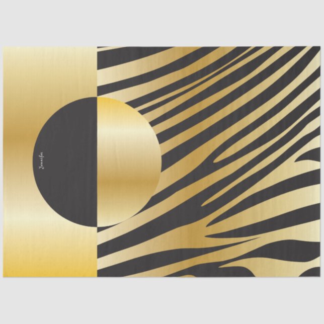 Papel De Seda Padrão de Zebra Dourada e Preta Monograma (Frente )
