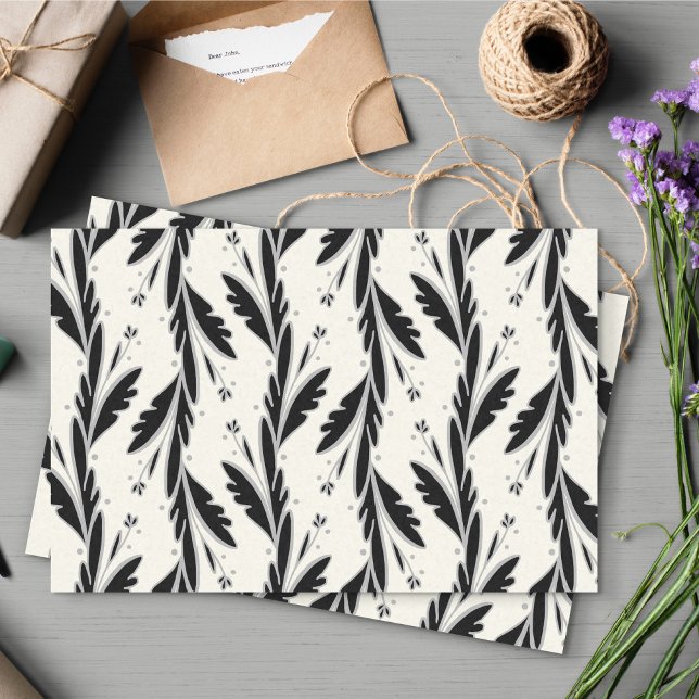 Papel De Seda Padrão Decorativo de Vinhas Negras (Black and White Leafy Vines Pattern Tissue Paper)