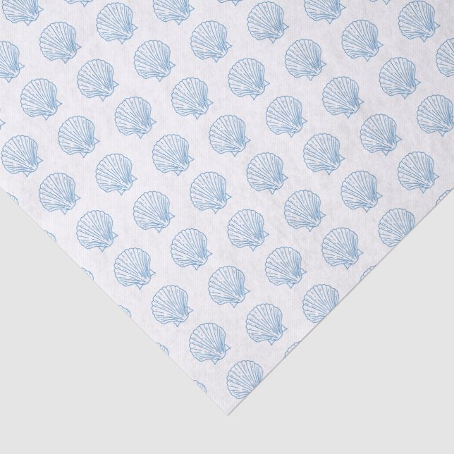 Papel De Seda Padrão Delicado de Conchas Marinhas Branco Azul (Detalhes)