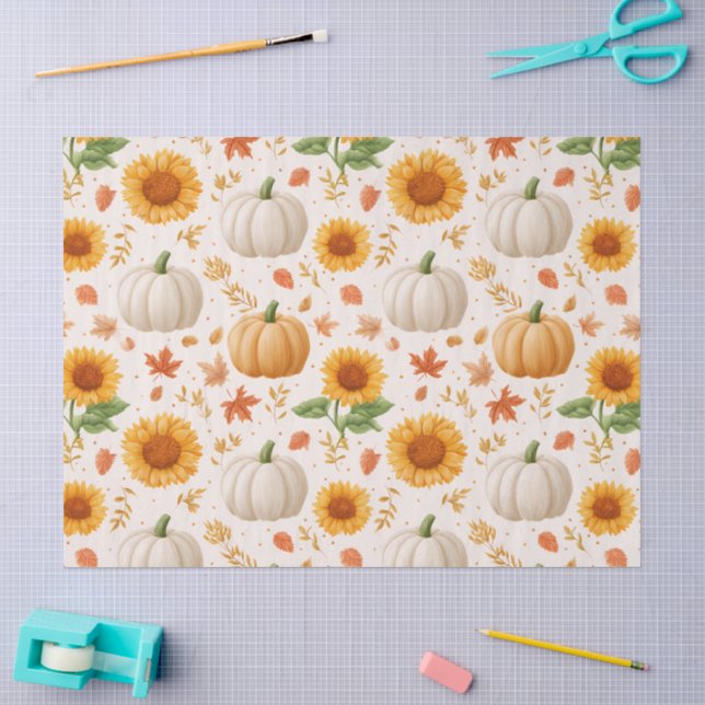 Papel De Seda Padrão do Autumn Pumpkins & Sunflower (Arte )