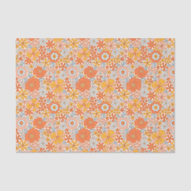 Papel De Seda Padrão do Flor Retro Laranja (Frente )