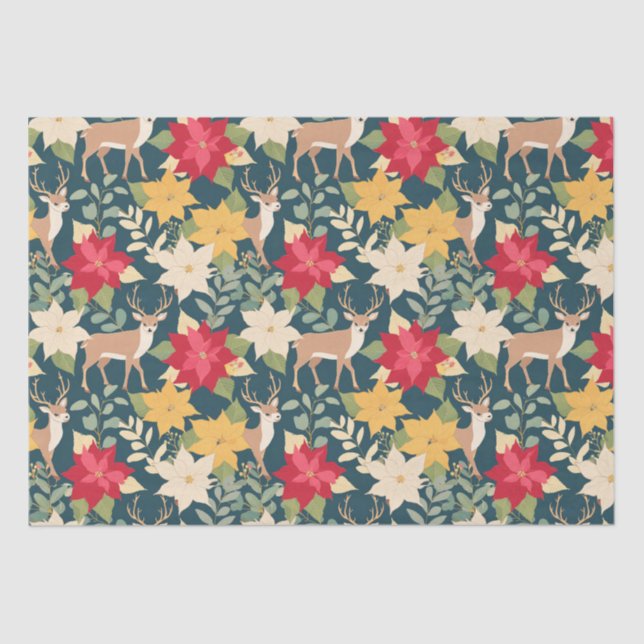 Papel De Seda padrão dos veados de poinsettia natalícia (Frente )