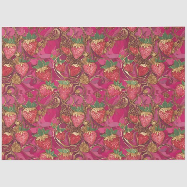 Papel De Seda Padrão Dourado de morango rosa quente (Frente )