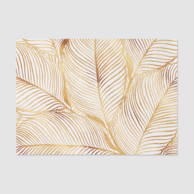 Papel De Seda Padrão Elegante Branco das Folhas Douradas (Frente )