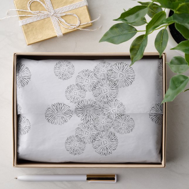 Papel De Seda Padrão Elegante de Margaridas Preto e Branco Boho  (Presente)
