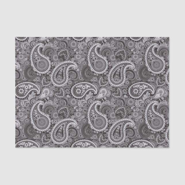 Papel De Seda Padrão Elegante de Paisley Branco Preto (Frente )