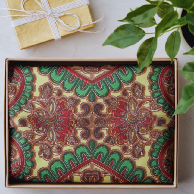 Papel De Seda padrão elegante paisley vitoriano vermelho verde d (Criador carregado)