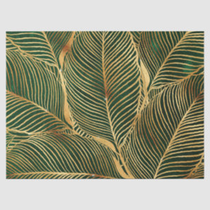 Papel De Seda Padrão Elegante Verde de Folhas Douradas