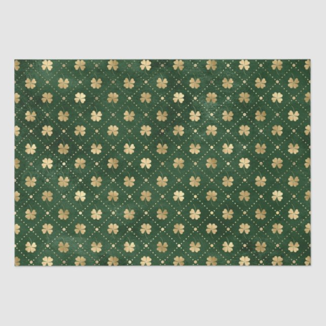 Papel De Seda Padrão Elegante Verde e Dourado Shamrock (Frente )