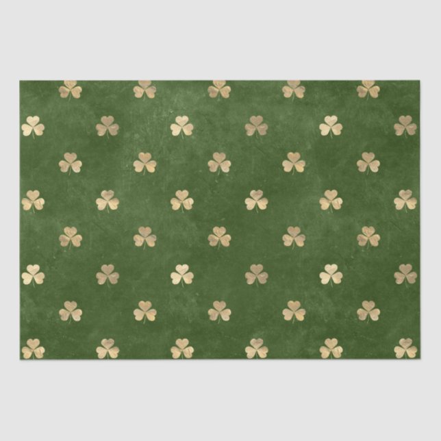 Papel De Seda Padrão Elegante Verde e Dourado Shamrock (Frente )