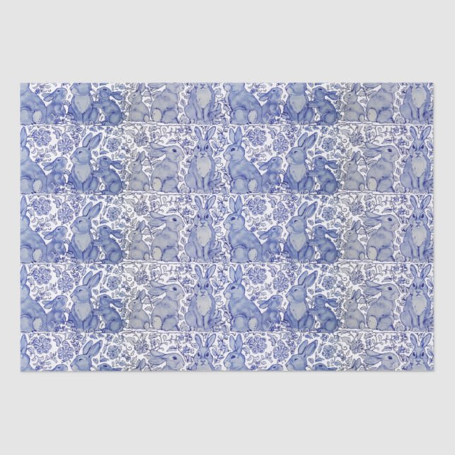 Papel De Seda Padrão Exclusivo de Coelho Azul Floral de Coelho  (Frente )