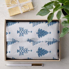 Papel De Seda Padrão Festivo de Árvore de Natal Azul e Branco