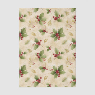 Papel De Seda Padrão Festivo e Vintage de Azevinho de Natal