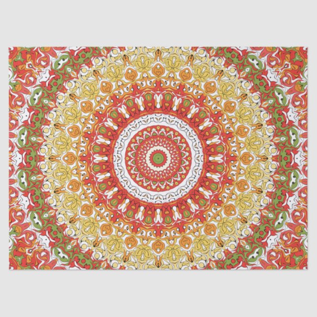 Papel De Seda Padrão Fiesta Mandala em Vermelho, Amarelo e Verde (Frente )